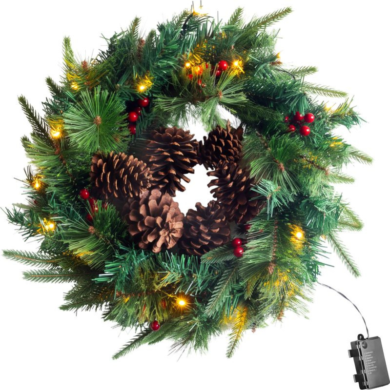 Veniec MagicHome Vianoce, so šiškami, 20xLED teplá biela, IP20, 3xAA, 45 cm