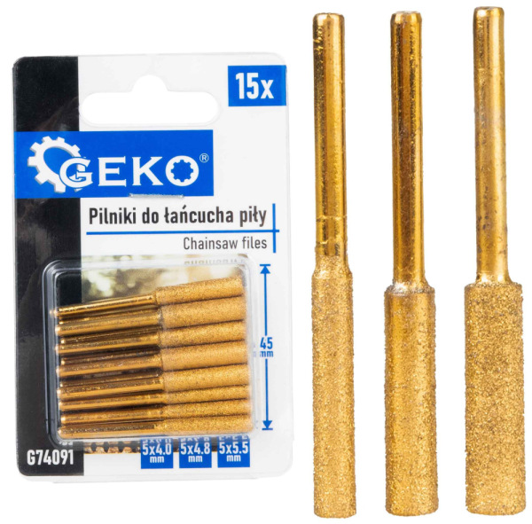Sada pilníkov na brúsenie reťaze pre vŕtačku 5ks x 4 mm, 5ks x 4,8 mm, 5ks x 5,5 mm, GEKO