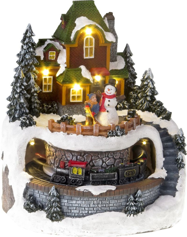 Dekorácia MagicHome Vianoce, Domček s vláčikom, LED, 3xAA, 18,5x18,4x21 cm