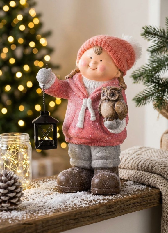Postavička MagicHome Vianoce, Dievčatko s lampášom a sovičkou, keramika, 28x18,5x39,5 cm 1
