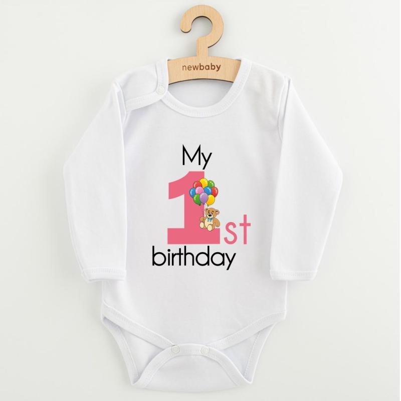 Detské body s potlačou New Baby My first birthday pink 80 (9-12m)