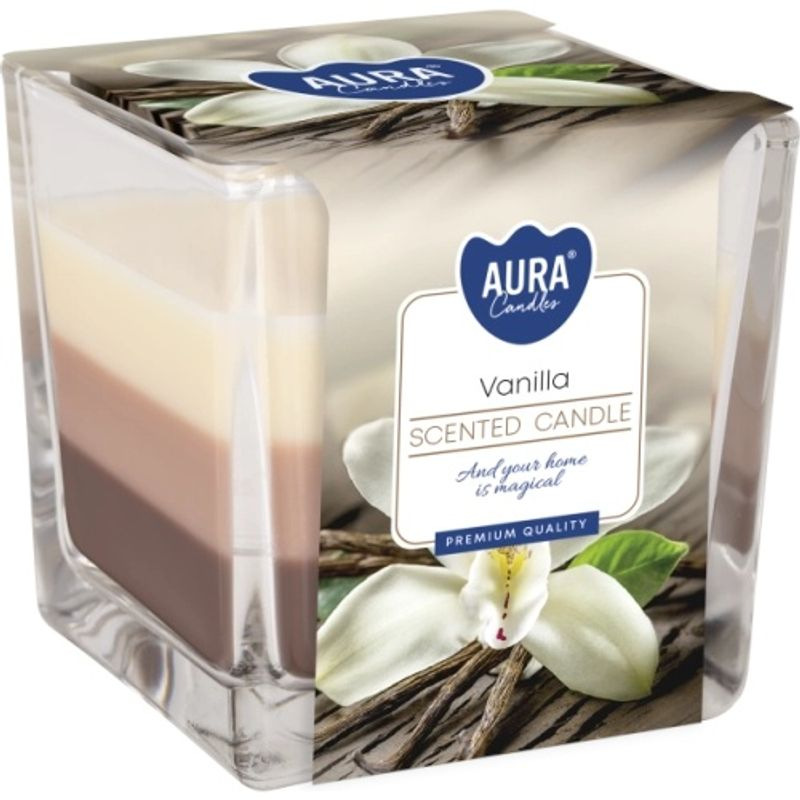Sviečka AURA, v skle, trojfarebná, Vanilka, 32h, 170g