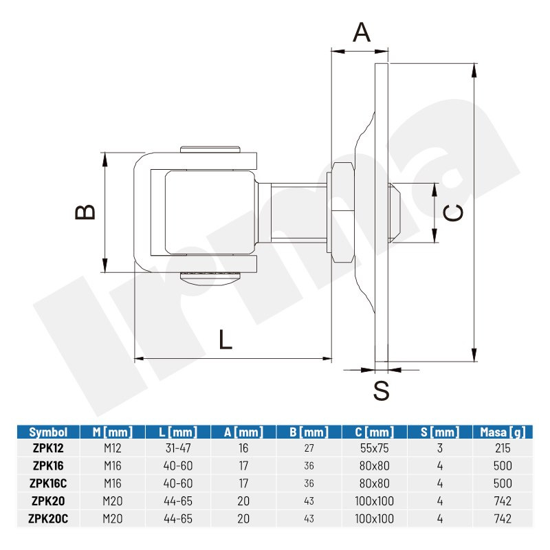 Nastaviteľný záves M20, základový štvorec 96x96 mm, číslo colného sadzobníka 7308 9098 6