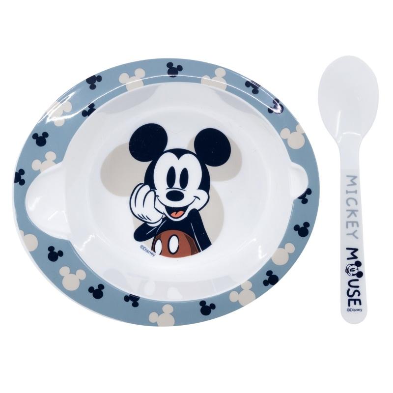 STOR Detský plastový riad 2ks, Mickey Mouse Baby Blue (miska, lyžička), 10478