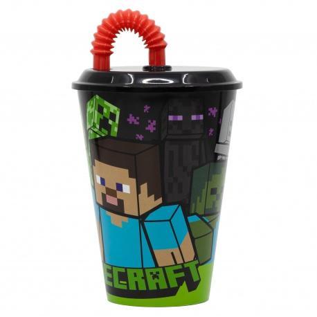 STOR Plastový pohár s vrchnákom a slamkou MINECRAFT 430ml, 40430