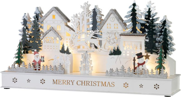 Dekorácia MagicHome Vianoce, dedinka, drevo, 15xLED teplá biela, 45x15x22.7 cm, 2xAA