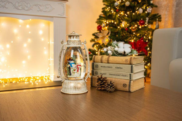 Lampáš MagicHome Vianoce Retro, LED, so snehuliakom, s trblietkami, biely, 3xAA, plast, 13x11x24/35 2