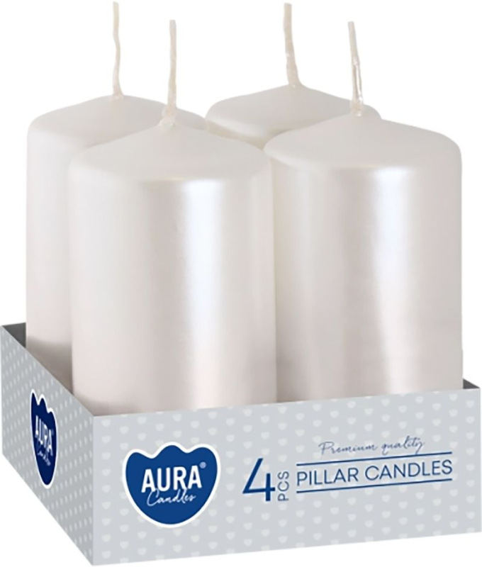 Sviečky AURA, valec, biela perla, 40x80mm, 9h, 80g, bal. 4ks