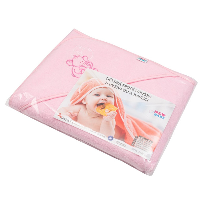 Detská froté osuška s výšivkou a kapuckou New Baby 100x100 ružová sloník 3