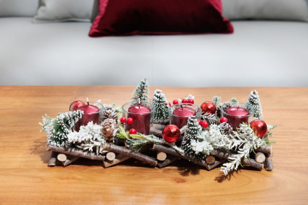 Ikebana MagicHome Vianoce, adventná, prírodná, so stromčekmi, 36x13x12 cm 2