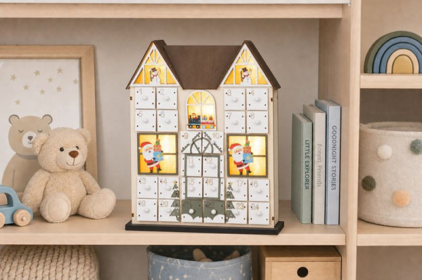 Dekorácia MagicHome Vianoce, Adventný kalendár Domček, drevený, 8xLED, teplá biela, 2xAAA, IP20, 26x 1