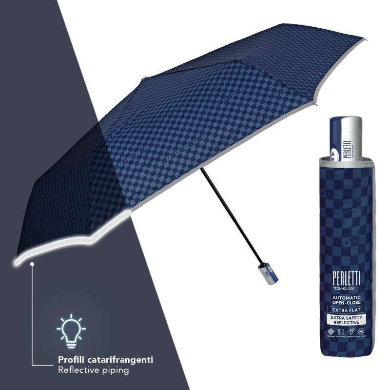 Dámsky plnoautomatický dáždnik Perletti Technology Blue – reflexný, extra flat, 21816