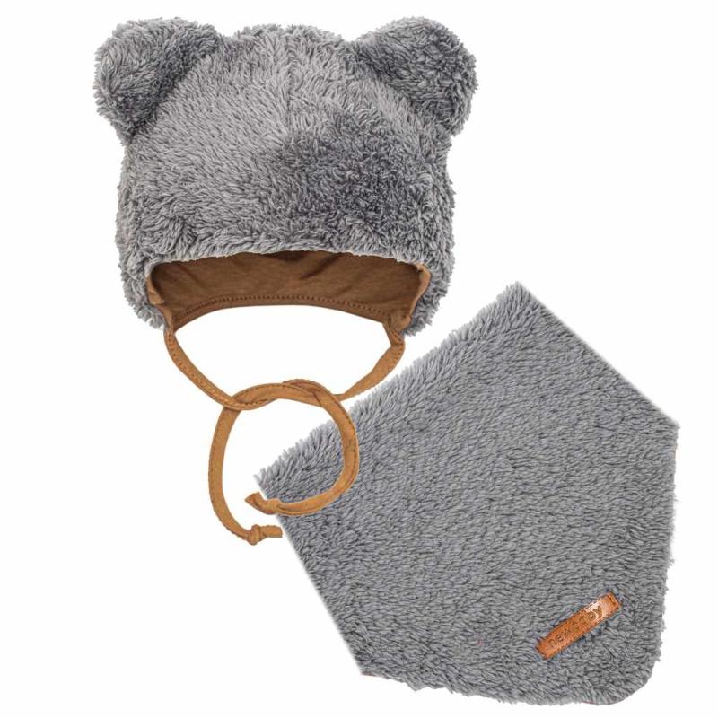 Zimná dojčenská čiapočka so šatkou na krk New Baby Teddy bear šedá 68 (4-6m)