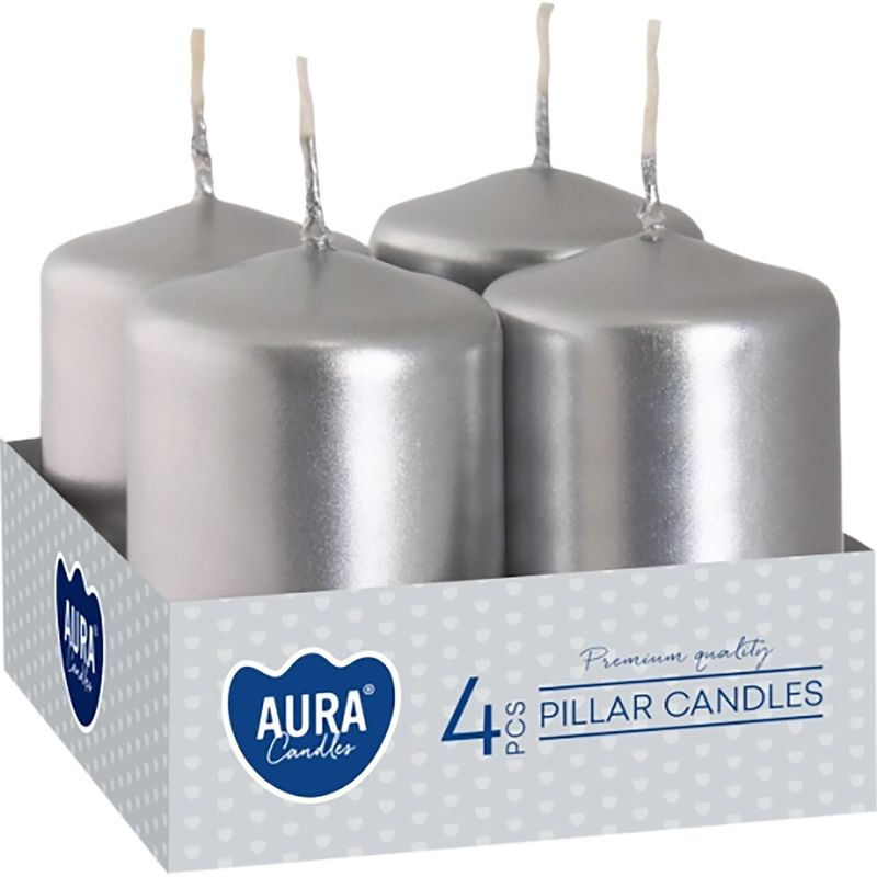 Sviečky AURA, valec, strieborná metalíza, 40x60mm, 7h, 55g, bal. 4ks