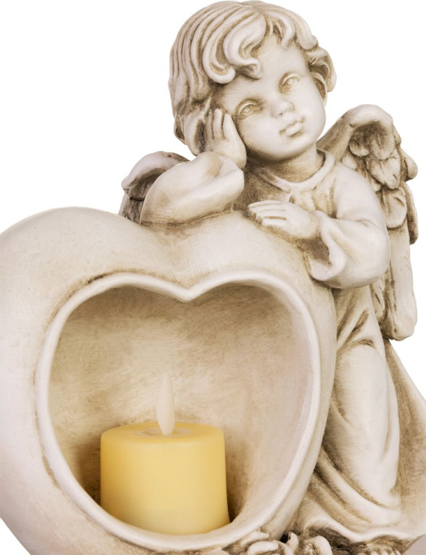 Dekorácia MagicHome, Anjel so srdcom a sviečkou, LED, polyresin, na hrob, 17x10x20 cm 2