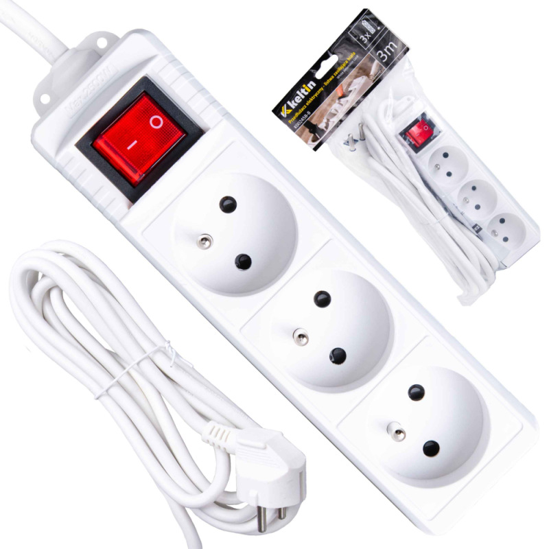 Predlžovací kábel s vypínačom, 3 zásuvky, dĺžka 3m, GEKO