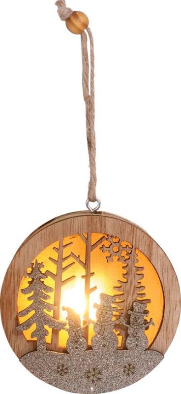 Dekorácia MagicHome Vianoce, Snehuliak v guli, LED, závesná, MDF, 8,5x2x8,5 cm