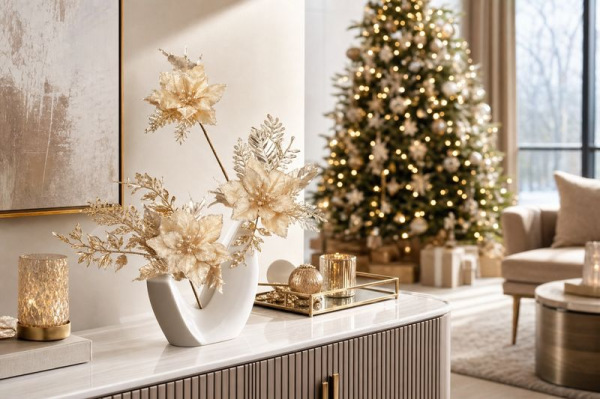 Kvet MagicHome Vianoce, poinsettia, champagne, 9,5 cm, veľkosť kvetu: 13 cm 1