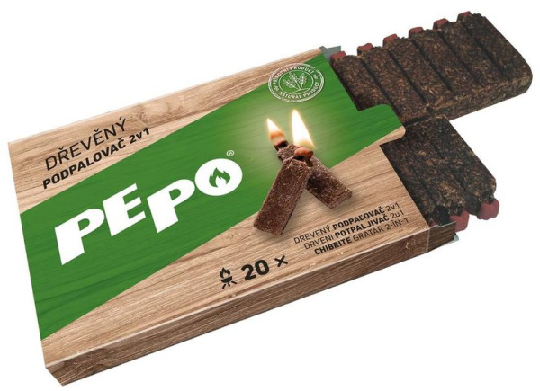 Podpaľovač PE-PO® 2v1, drevný, 20 ks, s zápalkou a škrkátkom, rozpaľovač na gril, kachle, krby, pece 1