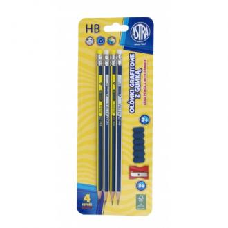 ASTRA 4x obyčajná HB ceruzka s gumou, strúhadlo + násadka, blister, 206120009