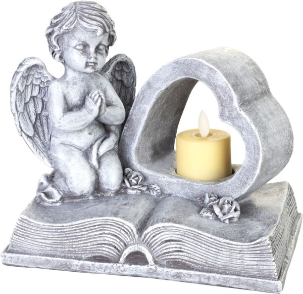 Dekorácia MagicHome, Anjel na knihe so srdcom, LED, polyresin, na hrob, 19x12,5x16,5 cm 1