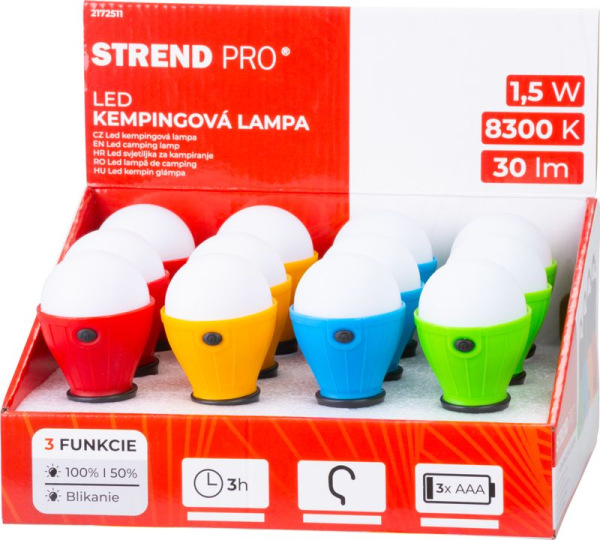 Svietidlo Strend Pro Camping C748, lampa kempingová, tvar žiarovky, 3xAAA, mix farieb, Sellbox 12 ks 5