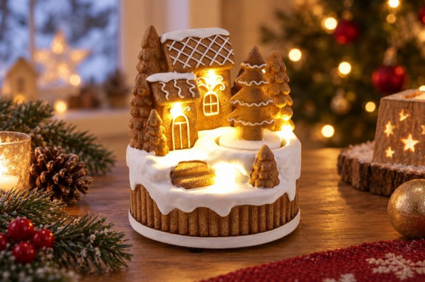 Dekorácia MagicHome Vianoce, Perníkový domček, otočný strom, LED, 3xAA, 13x12,6x14,5 cm 1
