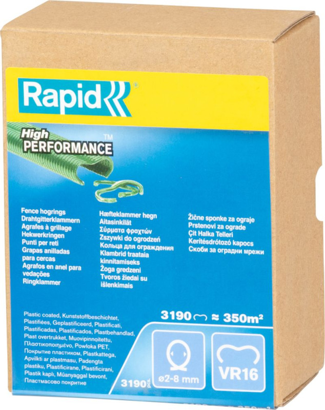 Spony RAPID VR16, PVC zelené, sponky pre viazacie kliešte RAPID FP216 a FP20, pre drôt 2-8 mm, bal. 1