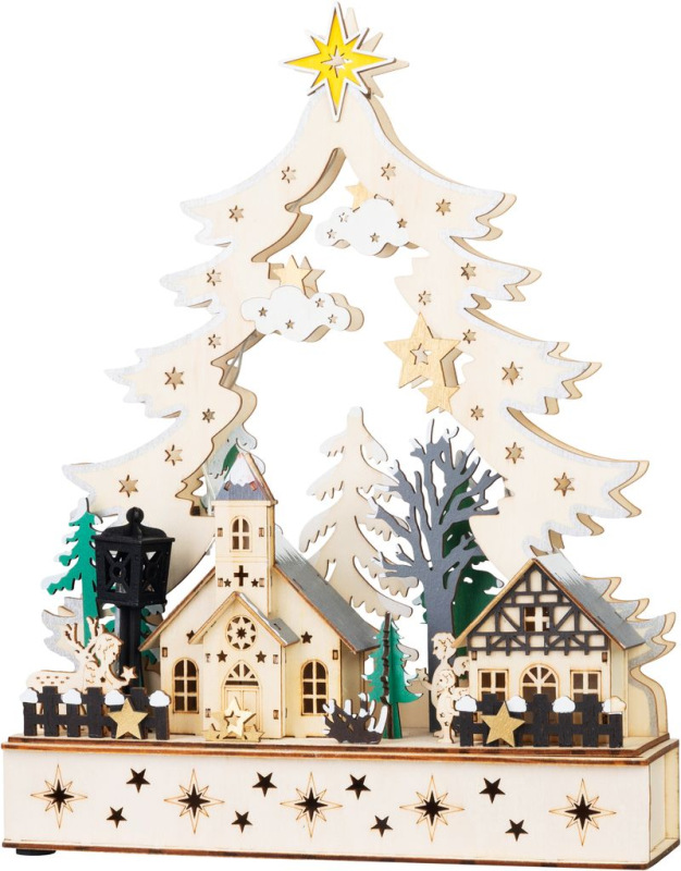 Dekorácia MagicHome Vianoce, dedinka, drevo, 12xLED teplá biela, 25x7.5x32 cm, 2xAA 1