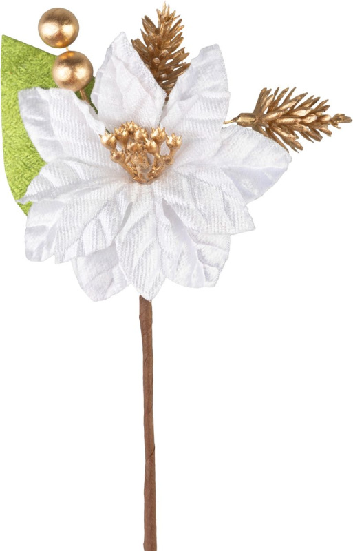 Vetvička MagicHome Vianoce, s kvetom poinsettia, biela,16 cm