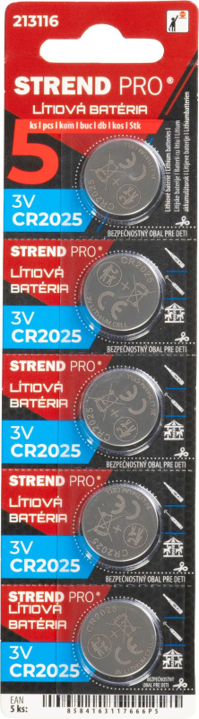 Batéria Strend Pro, lítiová, gombíková, CR2025, 3V, blister, 5 ks