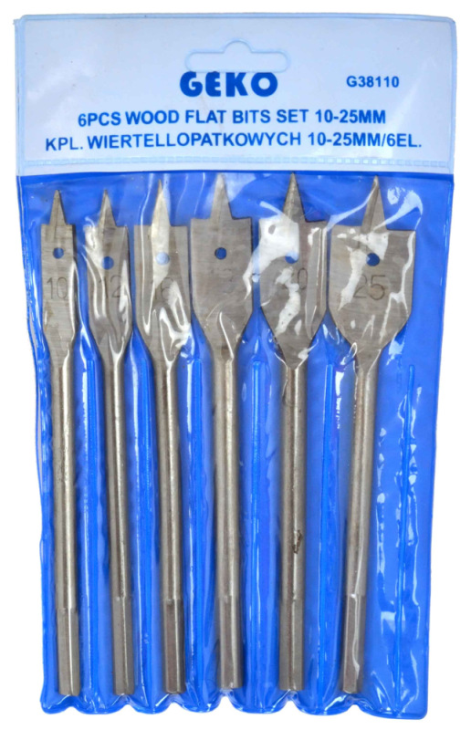 Sada plochých vrtákov do dreva 10, 12, 16, 18, 20, 25 mm, 6-dielna, GEKO 1
