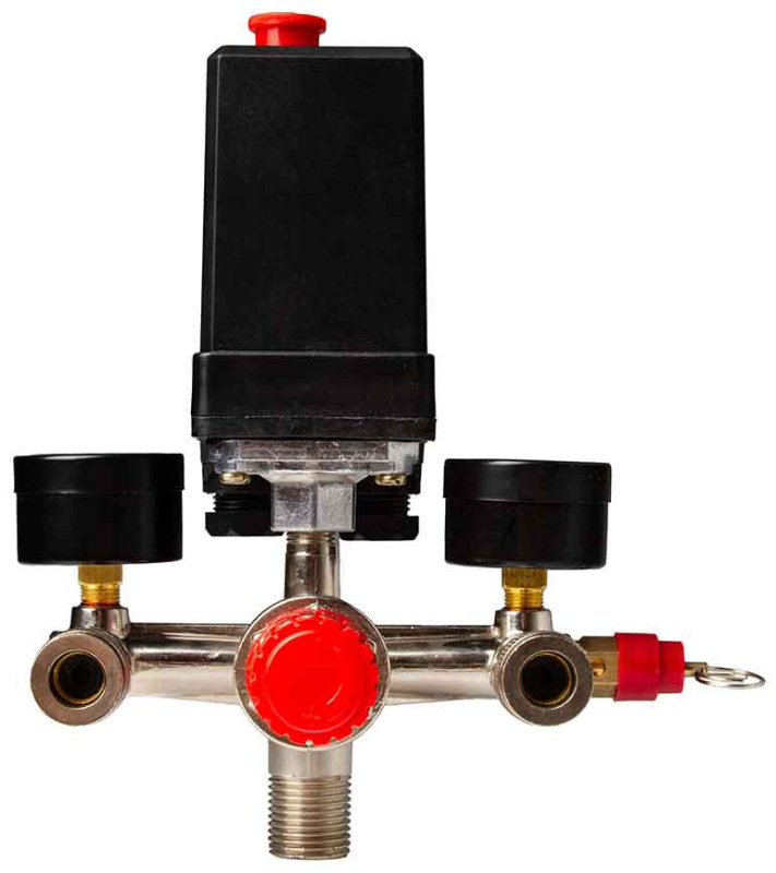 Tlakový spínač na kompresor, 6-8 barov, 400V, 2 výstupy 1/4" s manometrami, MAR-POL 8