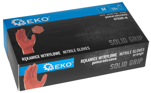 Rukavice nitrilové oranžové, sada 50ks, veľkosť M, SOLID GRIP, GEKO 4
