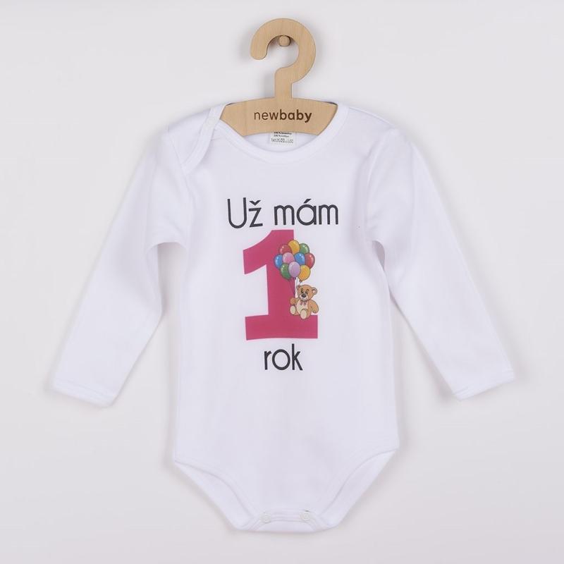 Body s potlačou New Baby Už mám 1 rok ružové - darčekové balenie 80 (9-12m) 1