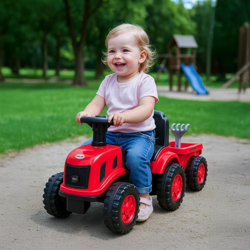 Detské odrážadlo traktor s vlečkou a náradim Baby Mix Benny červený 4