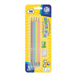 ASTRA Pastel,4x obyčajná HB ceruzka s merítkom a gumou, strúhadlo+guma, blister, 206120007