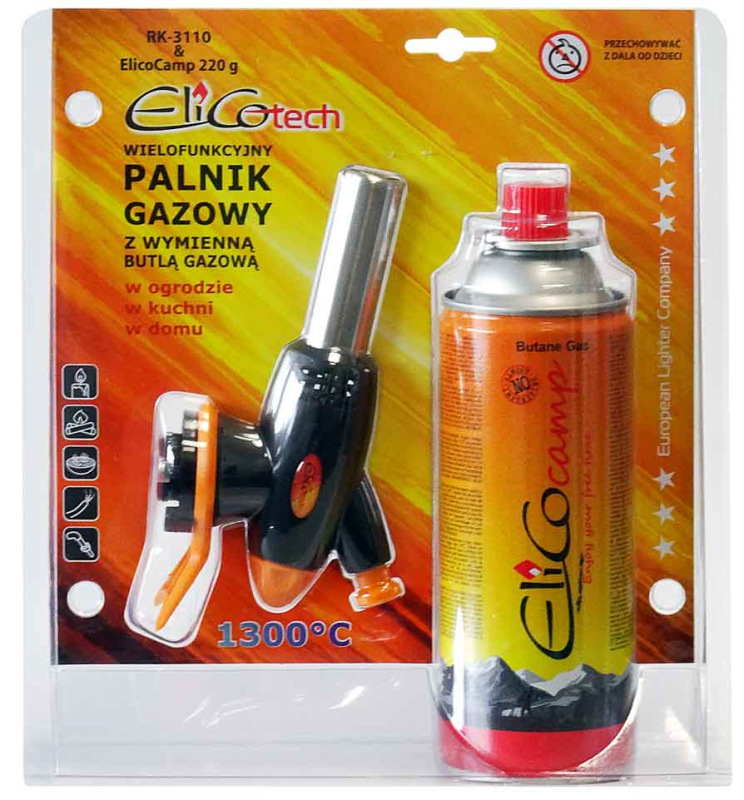 Spájkovacia lampa s piezo zapaľovačom a kartušou 220g, otočný uzáver, ELICO 2