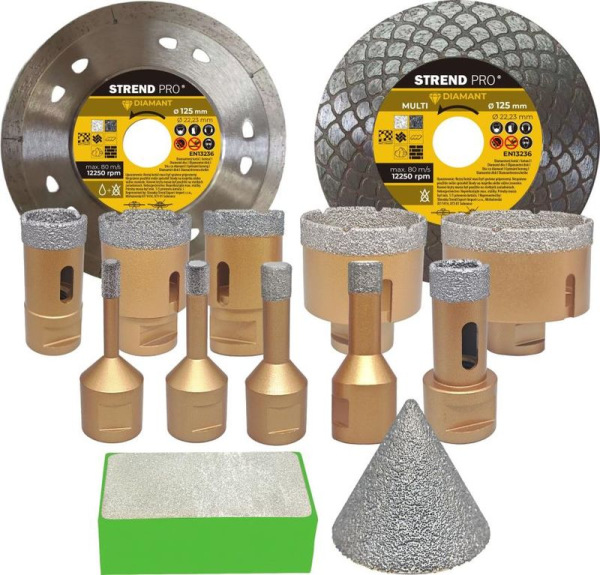 Sada vyrezávačov Strend Pro Premium, 6 - 68 mm, diamantová, M14, plastový box, 2 x kotúč, 1 x zväčš