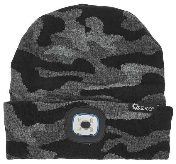 Zimná čiapka s LED svetidlom, čierno sivá, GEKO