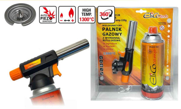 Spájkovacia lampa s piezo zapaľovačom a kartušou 220g, otočný uzáver, ELICO 2