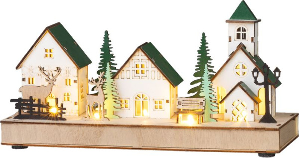 Dekorácia MagicHome Vianoce, Domčeky, 5xLED teplá biela, 2xAAA, IP20, 29x10x15 cm