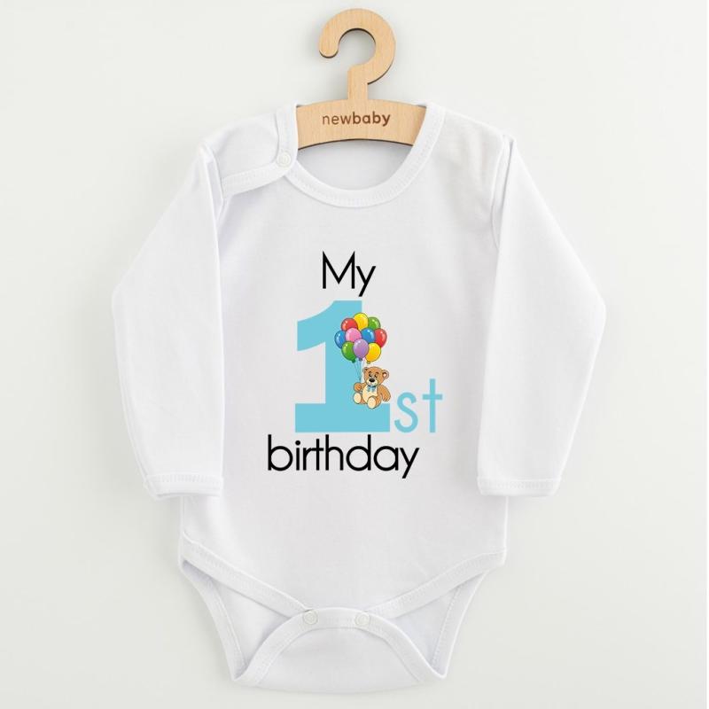 Detské body s potlačou New Baby My first birthday blue 80 (9-12m)