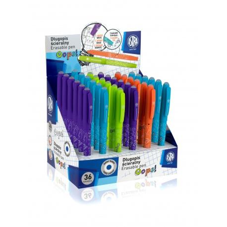 ASTRA Gumovateľné pero OOPS!, 0,6mm, modré, dve gumy, mix farieb, stojan, 201120001