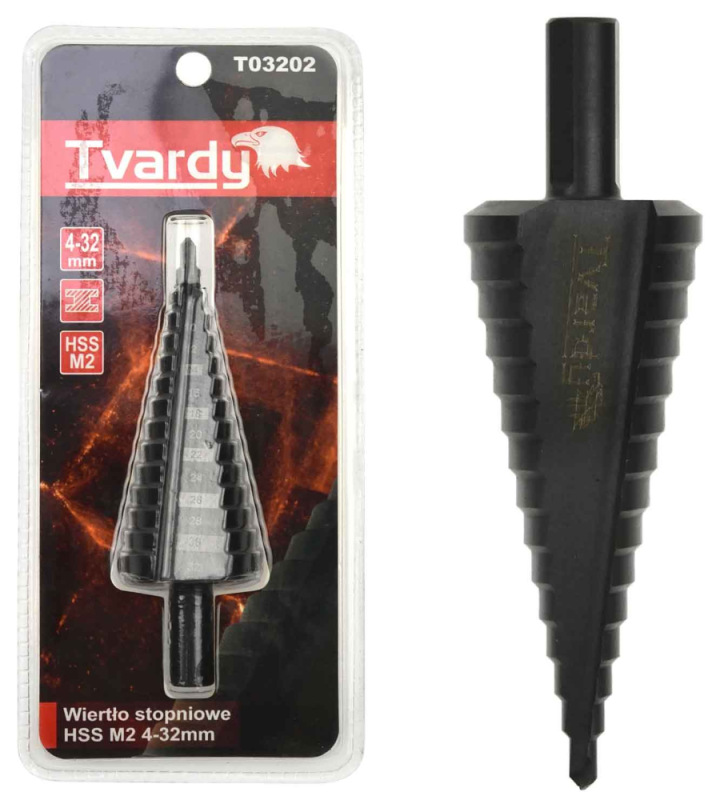 Vrták stupňovitý 4-32 mm do plechu, HSS M2 TiAIN krok 2mm, rovná drážka, TVARDY 3