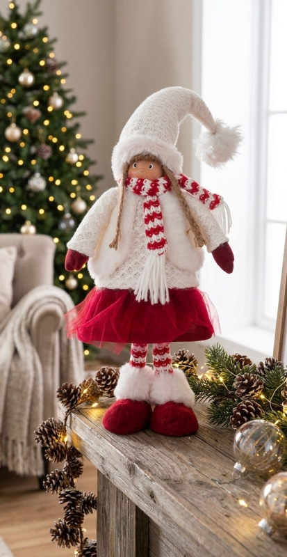 Postavička MagicHome Vianoce, Dievčatko, látkové, červeno-biele, stojace, 22x13x57 cm 1