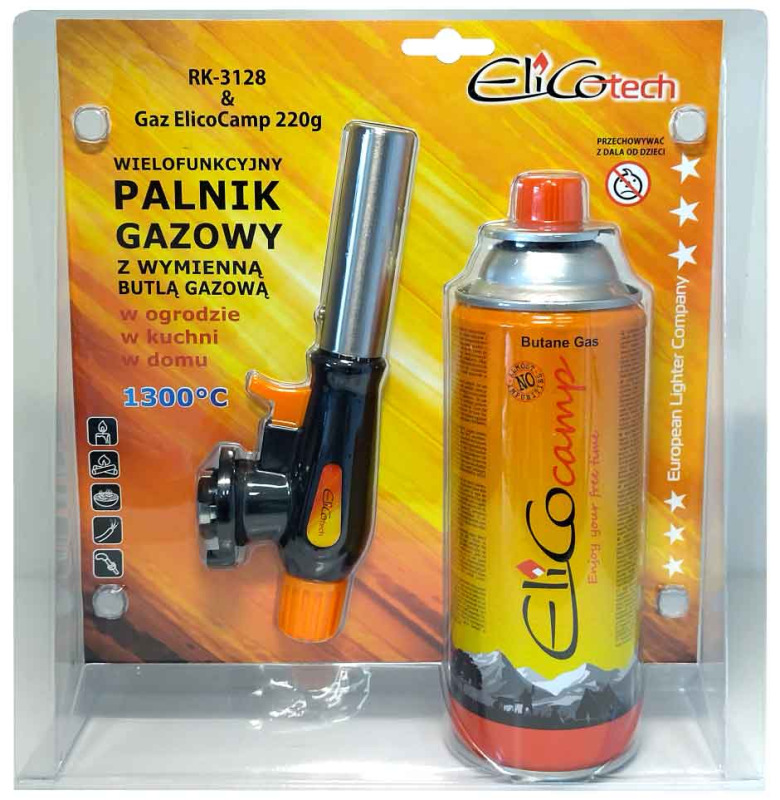 Spájkovacia lampa s piezo zapaľovačom a kartušou 220g, otočný uzáver, ELICO 1