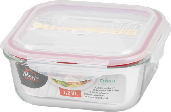 Dóza MagicHome, štvorcová, s vekom, 1200 ml, s príborom, Clip, sklenená 2