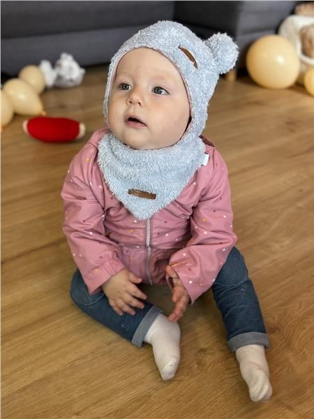 Zimná dojčenská čiapočka so šatkou na krk New Baby Teddy bear šedo ružová 80 (9-12m)