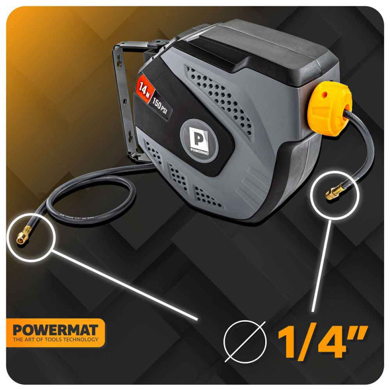 Navíjací bubon s držiakom na stenu s hadicou na vzduch, 6,5 x 10 mm, dĺžka 14 m, POWERMAT 19